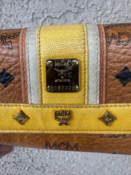 MCM Yellow and Tan Monogram Logo Compact Wallet - Picture 3 of 14